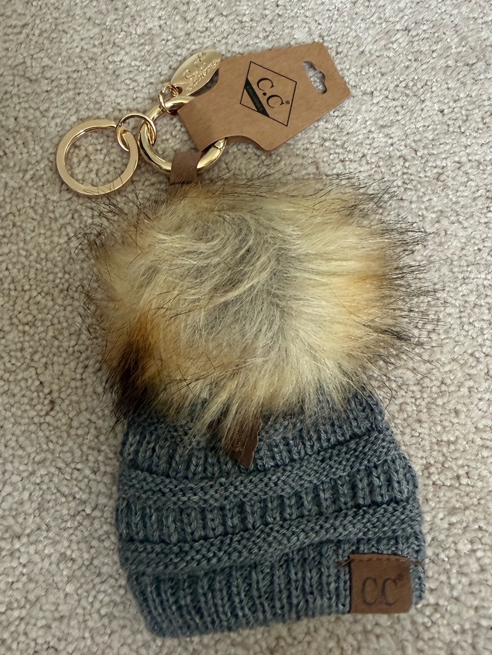 C.C. Exclusives Mini Knit Pom Keychain - Gray Knit with Tan Fur NEW WITH TAGS